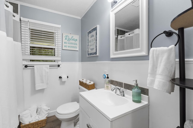 26478 Shadow Rd, Pittsburg, MO 65724 - bathroom featuring ornamental molding, vanity, wood finished floors, toilet, and a shower with shower curtain