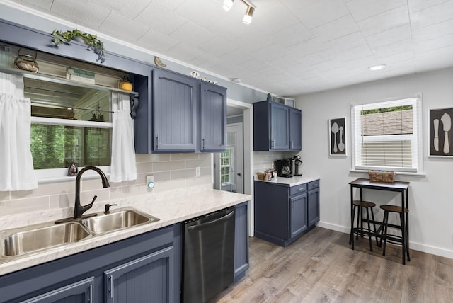 26478 Shadow Rd, Pittsburg, MO 65724 - kitchen featuring dishwasher, a sink, blue cabinetry, light countertops, and backsplash
