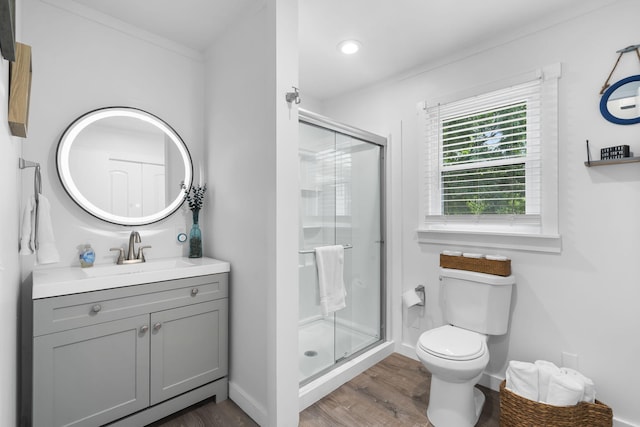 26478 Shadow Rd, Pittsburg, MO 65724 - full bath featuring wood finished floors, a shower stall, toilet, vanity, and baseboards