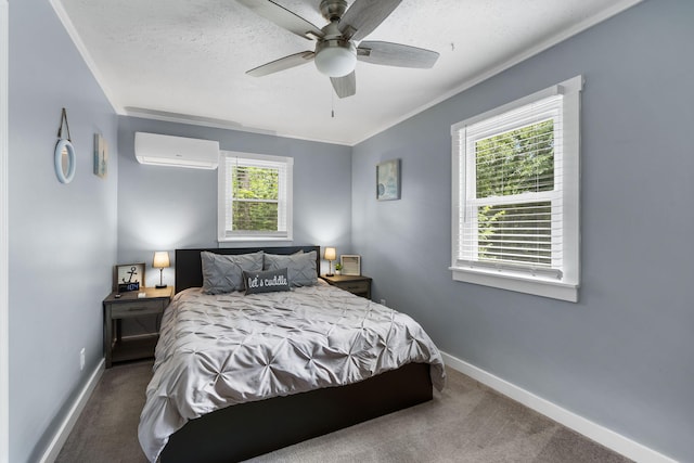 26478 Shadow Rd, Pittsburg, MO 65724 - carpeted bedroom featuring a wall unit AC, baseboards, a textured ceiling, crown molding, and a ceiling fan