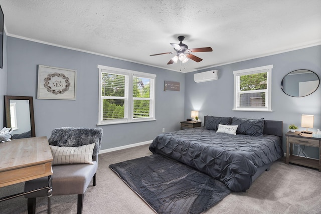 26478 Shadow Rd, Pittsburg, MO 65724 - carpeted bedroom featuring a wall unit AC, ornamental molding, multiple windows, a textured ceiling, and baseboards