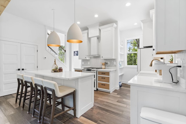 452 Rest Haven Ln, Blue Eye, MO 65611 - kitchen with range with two ovens, white cabinets, a center island, wood finished floors, and decorative backsplash