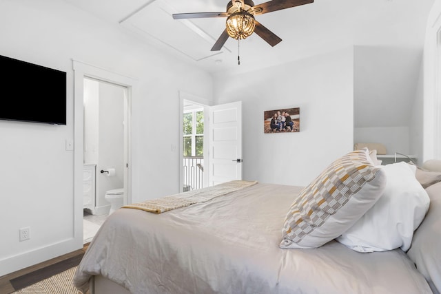 452 Rest Haven Ln, Blue Eye, MO 65611 - bedroom with wood finished floors, baseboards, attic access, connected bathroom, and a ceiling fan