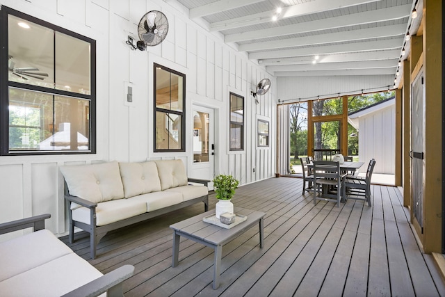 452 Rest Haven Ln, Blue Eye, MO 65611 - sunroom with outdoor dining space, outdoor lounge area, beam ceiling, and a ceiling fan