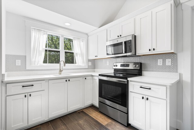 452 Rest Haven Ln, Blue Eye, MO 65611 - kitchen featuring stainless steel appliances, vaulted ceiling, tasteful backsplash, white cabinetry, and dark wood finished floors