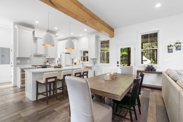 452 Rest Haven Ln, Blue Eye, MO 65611 - dining space with recessed lighting, dark wood finished floors, beam ceiling, and electric panel