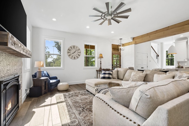 452 Rest Haven Ln, Blue Eye, MO 65611 - living area with a ceiling fan, light wood-style flooring, recessed lighting, stairway, and baseboards