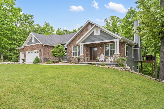 103 Dogwood Ct, Saddlebrooke, MO 65630 - craftsman inspired home featuring a porch, a chimney, a front yard, and an attached garage
