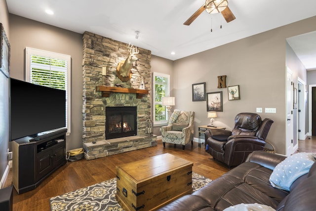 103 Dogwood Ct, Saddlebrooke, MO 65630 - living area featuring a ceiling fan, a fireplace, wood finished floors, recessed lighting, and baseboards