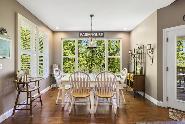 103 Dogwood Ct, Saddlebrooke, MO 65630 - dining space featuring baseboards, dark wood-style floors, a chandelier, and recessed lighting