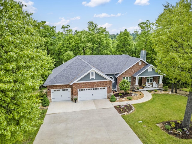 103 Dogwood Ct, Saddlebrooke, MO 65630 - craftsman-style home with a front lawn, a porch, a chimney, concrete driveway, and an attached garage