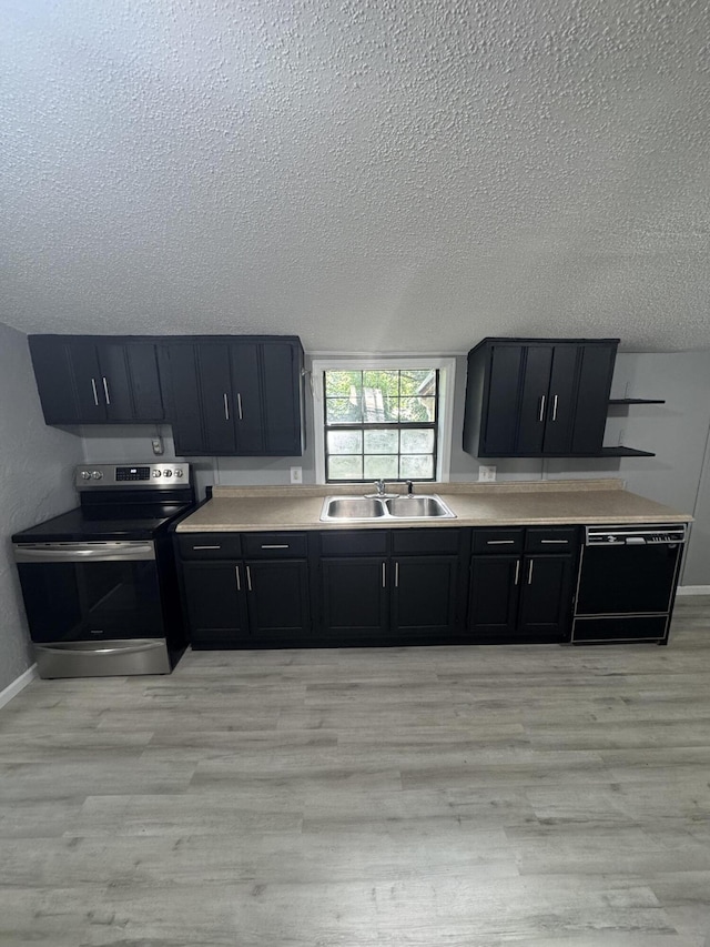 2007 N Travis Ave, Springfield, MO 65803 - kitchen featuring electric stove, dishwasher, a textured ceiling, dark cabinetry, and a sink