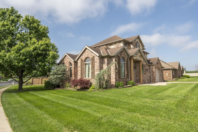 1411 N Cooper Blvd, Springfield, MO 65802 - view of front of house with brick siding, a front yard, an attached garage, and driveway