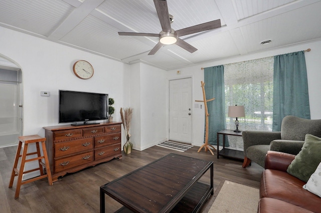 2708 N Fremont Ave, Springfield, MO 65803 - living area with dark wood-style floors, ceiling fan, beamed ceiling, baseboards, and arched walkways