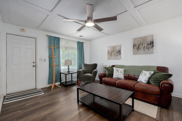 2708 N Fremont Ave, Springfield, MO 65803 - living room featuring wood finished floors, baseboards, a ceiling fan, and beam ceiling