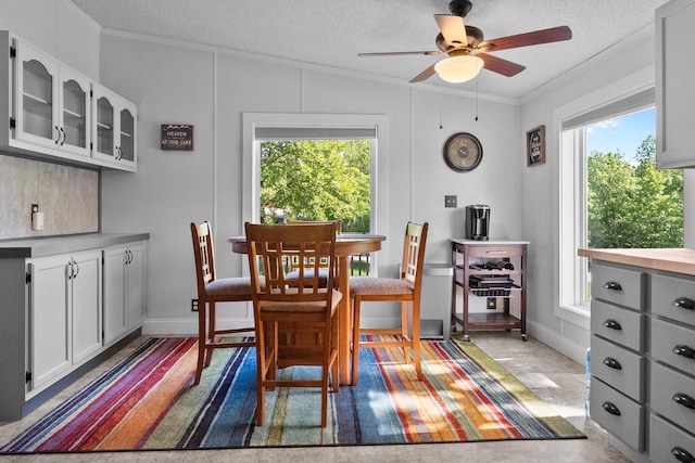 dining space with ornamental molding, a ceiling fan, vaulted ceiling, and a textured ceiling