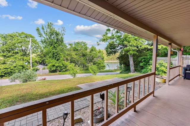 229 Grand Slam Ave, Cape Fair, MO 65624 - wooden terrace featuring a water view and view of wooded area