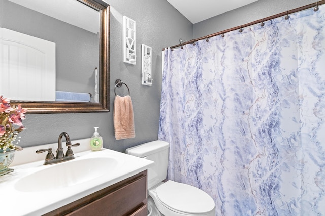 19662 Ladera Rd, Waynesville, MO 65583 - full bath with a textured wall, toilet, vanity, and a shower with shower curtain