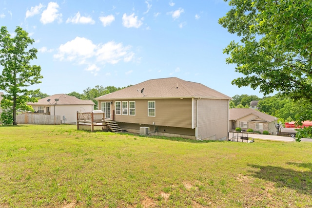 19662 Ladera Rd, Waynesville, MO 65583 - rear view of house with a wooden deck, cooling unit, and stairway