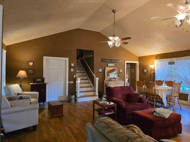 3590 County Road 7140, West Plains, MO 65775 - living room with ceiling fan, wood finished floors, stairway, and high vaulted ceiling