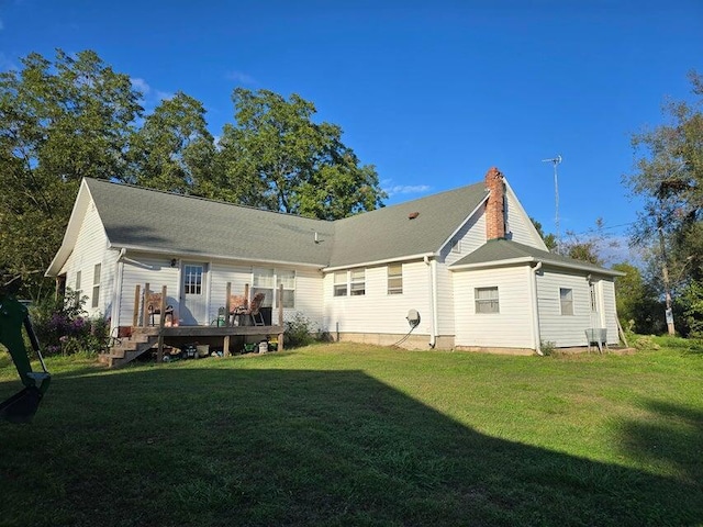 3590 County Road 7140, West Plains, MO 65775 - rear view of property featuring a wooden deck, a yard, a chimney, and stairway