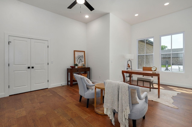 1698 N Marlowe Ave, Springfield, MO 65802 - office with ceiling fan, wood finished floors, baseboards, a towering ceiling, and recessed lighting