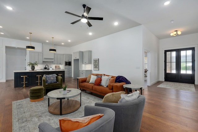 1698 N Marlowe Ave, Springfield, MO 65802 - living room featuring french doors, dark wood-type flooring, ceiling fan, baseboards, and recessed lighting
