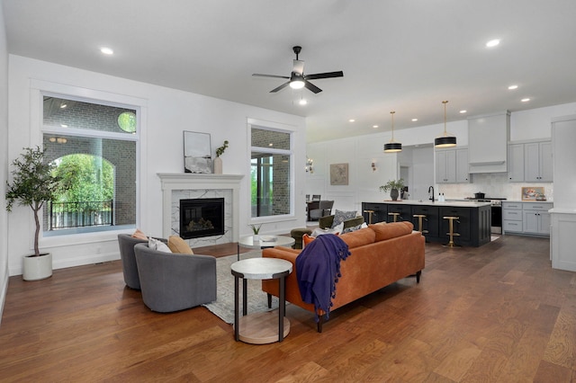 1698 N Marlowe Ave, Springfield, MO 65802 - living room with a ceiling fan, dark wood-style flooring, healthy amount of natural light, a premium fireplace, and recessed lighting