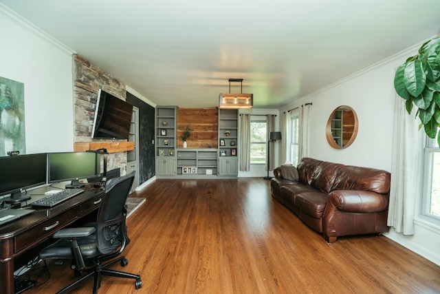 5724 E Mill St, Springfield, MO 65802 - office area with healthy amount of natural light, wood finished floors, ornamental molding, built in shelves, and baseboards
