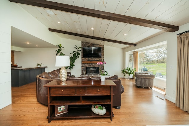 5724 E Mill St, Springfield, MO 65802 - living area featuring a fireplace, wood finished floors, wood ceiling, and recessed lighting
