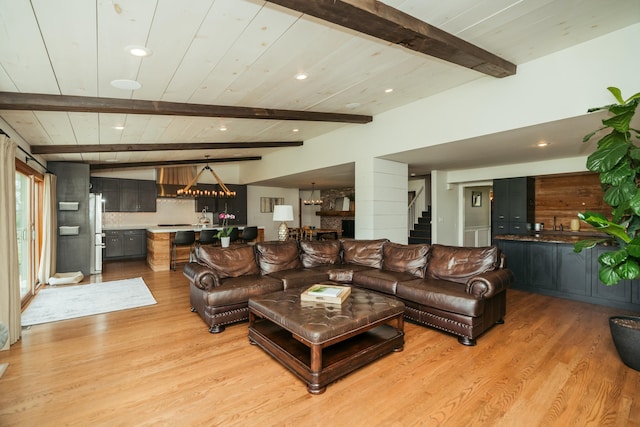 5724 E Mill St, Springfield, MO 65802 - living area featuring light wood finished floors, beamed ceiling, stairs, wood ceiling, and recessed lighting