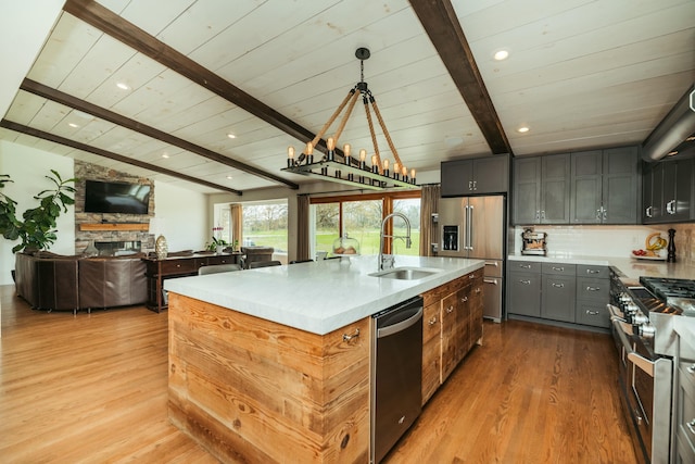5724 E Mill St, Springfield, MO 65802 - kitchen featuring high quality appliances, a sink, open floor plan, light wood-style flooring, and wood ceiling