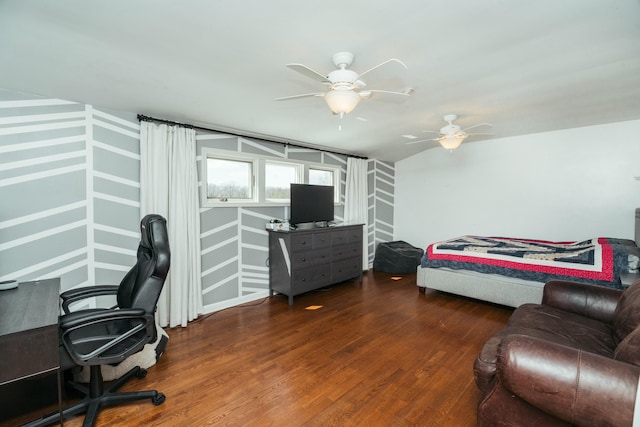 5724 E Mill St, Springfield, MO 65802 - bedroom with a desk, wood finished floors, lofted ceiling, and ceiling fan