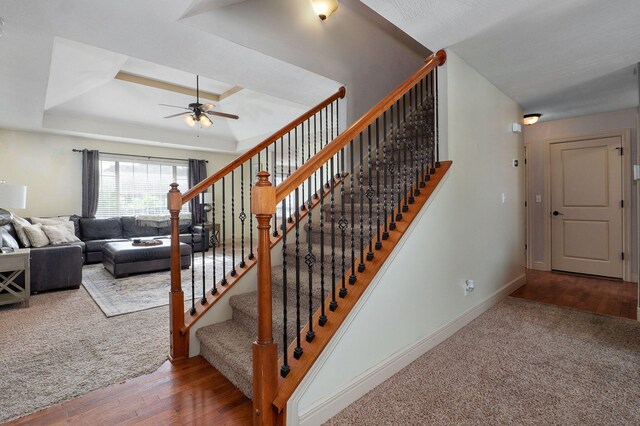 1428 S Appomattox Ave, Republic, MO 65738 - staircase with a ceiling fan, baseboards, a raised ceiling, and wood finished floors