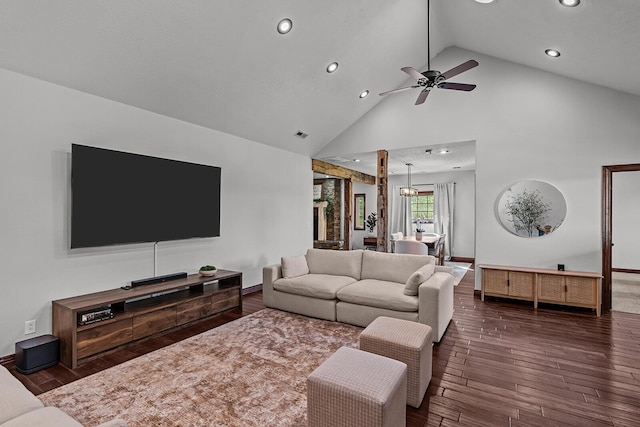 16326 Lawrence Unit 1232, Marionville, MO 65705 - living room with recessed lighting, wood finished floors, ceiling fan, high vaulted ceiling, and baseboards