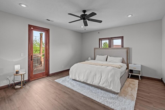 16326 Lawrence Unit 1232, Marionville, MO 65705 - bedroom featuring access to exterior, wood finished floors, baseboards, recessed lighting, and a ceiling fan