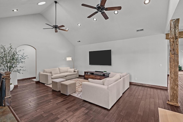 16326 Lawrence Unit 1232, Marionville, MO 65705 - living room with ceiling fan, dark wood finished floors, recessed lighting, high vaulted ceiling, and baseboards