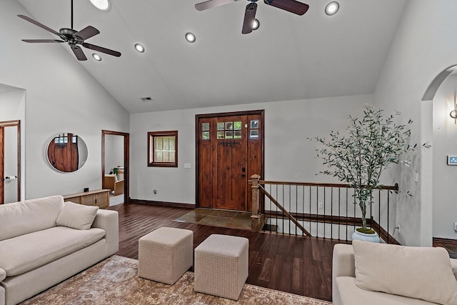 16326 Lawrence Unit 1232, Marionville, MO 65705 - living area featuring ceiling fan, recessed lighting, baseboards, wood finished floors, and high vaulted ceiling