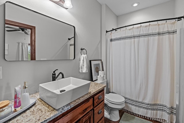 16326 Lawrence Unit 1232, Marionville, MO 65705 - bathroom with toilet, vanity, a ceiling fan, a shower with curtain, and recessed lighting
