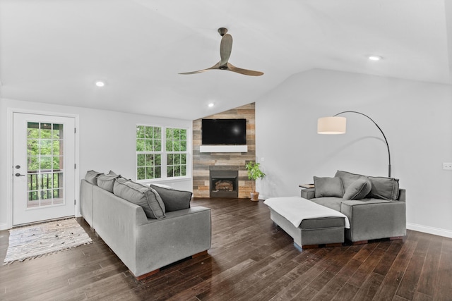 5404 S Clifton Ave, Springfield, MO 65810 - living area with ceiling fan, lofted ceiling, plenty of natural light, a large fireplace, and dark wood-type flooring