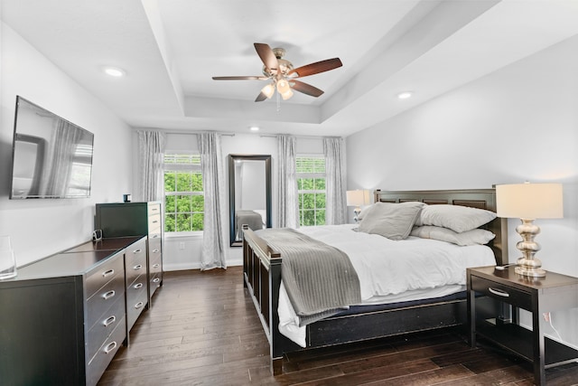 5404 S Clifton Ave, Springfield, MO 65810 - bedroom featuring dark wood-style flooring, a raised ceiling, recessed lighting, and a ceiling fan