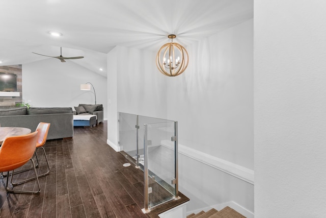 5404 S Clifton Ave, Springfield, MO 65810 - staircase featuring wood finished floors, a chandelier, baseboards, lofted ceiling, and ceiling fan