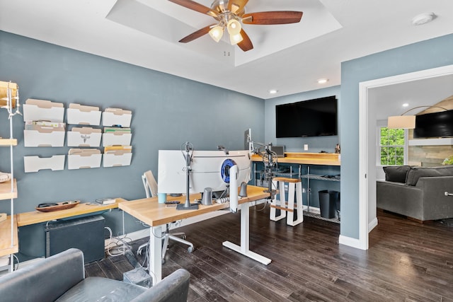 5404 S Clifton Ave, Springfield, MO 65810 - home office with a ceiling fan, a raised ceiling, wood finished floors, baseboards, and recessed lighting