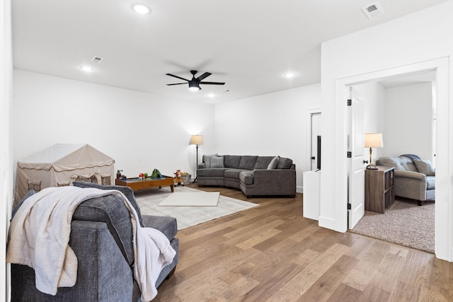 4531 E Hidden Oak St, Springfield, MO 65802 - living area with light wood-style floors, a ceiling fan, and recessed lighting