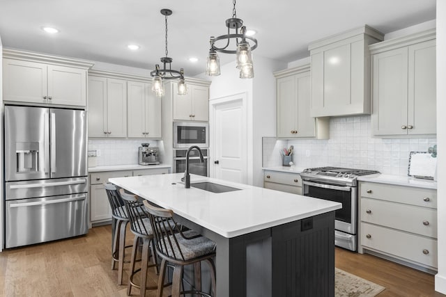 4531 E Hidden Oak St, Springfield, MO 65802 - kitchen featuring stainless steel appliances, tasteful backsplash, light countertops, a center island with sink, and recessed lighting