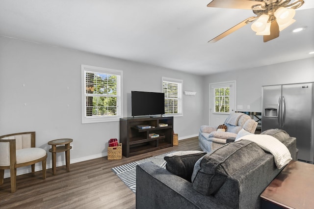 17 Montague Ln, Kimberling City, MO 65686 - living room with wood finished floors, baseboards, and a ceiling fan