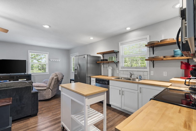 17 Montague Ln, Kimberling City, MO 65686 - kitchen with wooden counters, open shelves, a sink, dark wood-style flooring, and recessed lighting