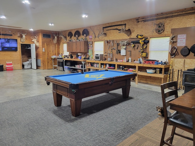 1995 Corder Pass Rd, Mansfield, MO 65704 - game room featuring concrete flooring, a workshop area, pool table, recessed lighting, and wooden walls