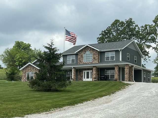 1995 Corder Pass Rd, Mansfield, MO 65704 - view of front of house featuring stone siding, driveway, a front lawn, and roof with shingles
