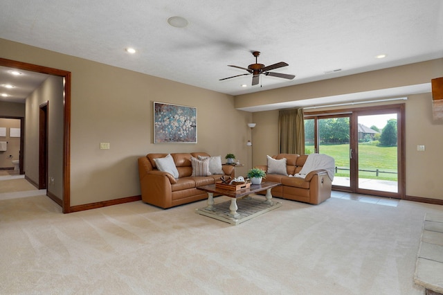6046 S Parkhaven Ln, Springfield, MO 65810 - living room with light colored carpet, baseboards, ceiling fan, and recessed lighting